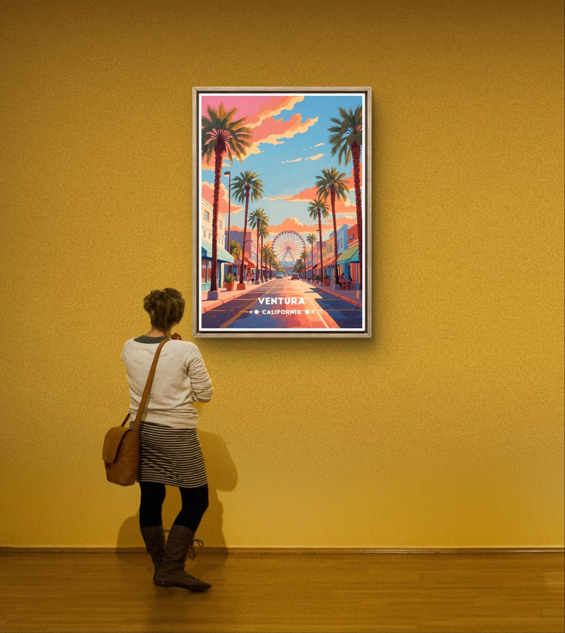 Ventura Poster California Street Art Coastal City Wall Decor Retro Ferris Wheel Print Ventura California Poster Palm Tree Street Scene - Image 3