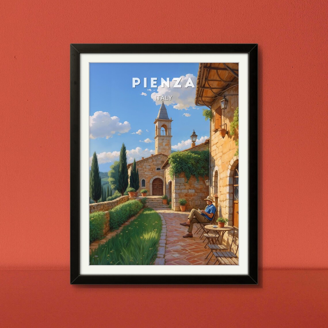Pienza Italy Stone Courtyard Man Reading Tuscan Alley Poster