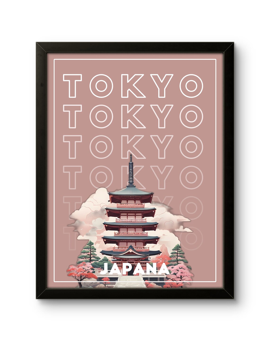 Tokyo Japan Five Story Pagoda Retro Typography Travel Poster