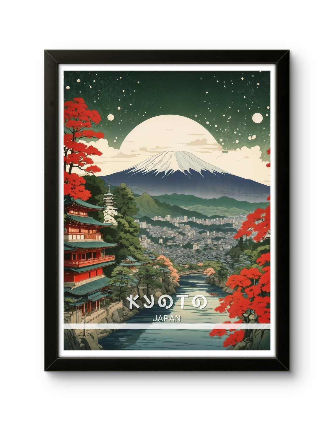 Kyoto Japan Snowy Mount Fuji Pagoda Red Maples Moonlit Night Poster