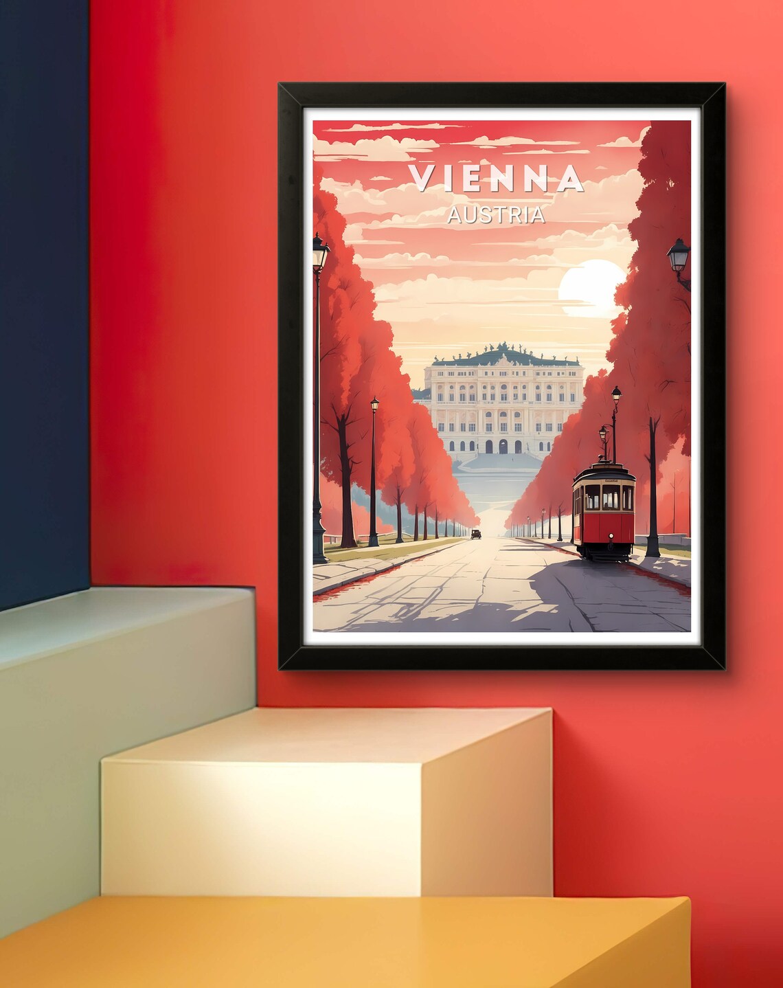 Vienna Austria Palace Avenue Red Tram Vintage Travel Art Poster