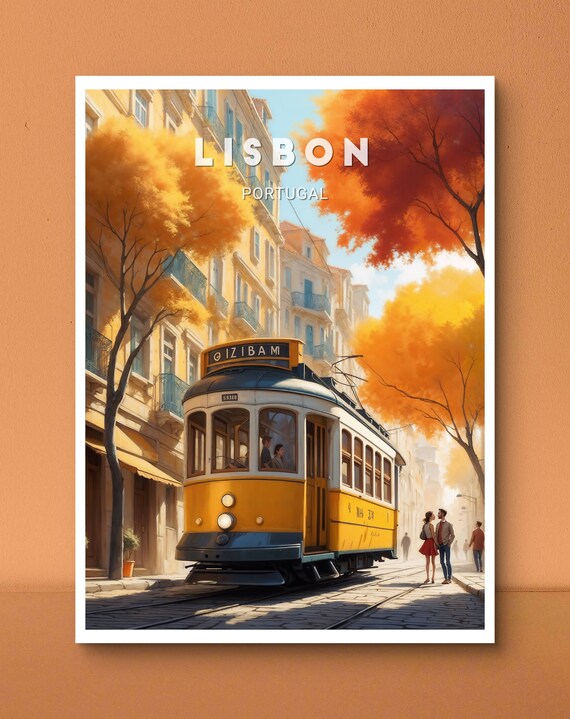 Lisbon Portugal Yellow Tram Autumn Streets Vintage Travel Poster