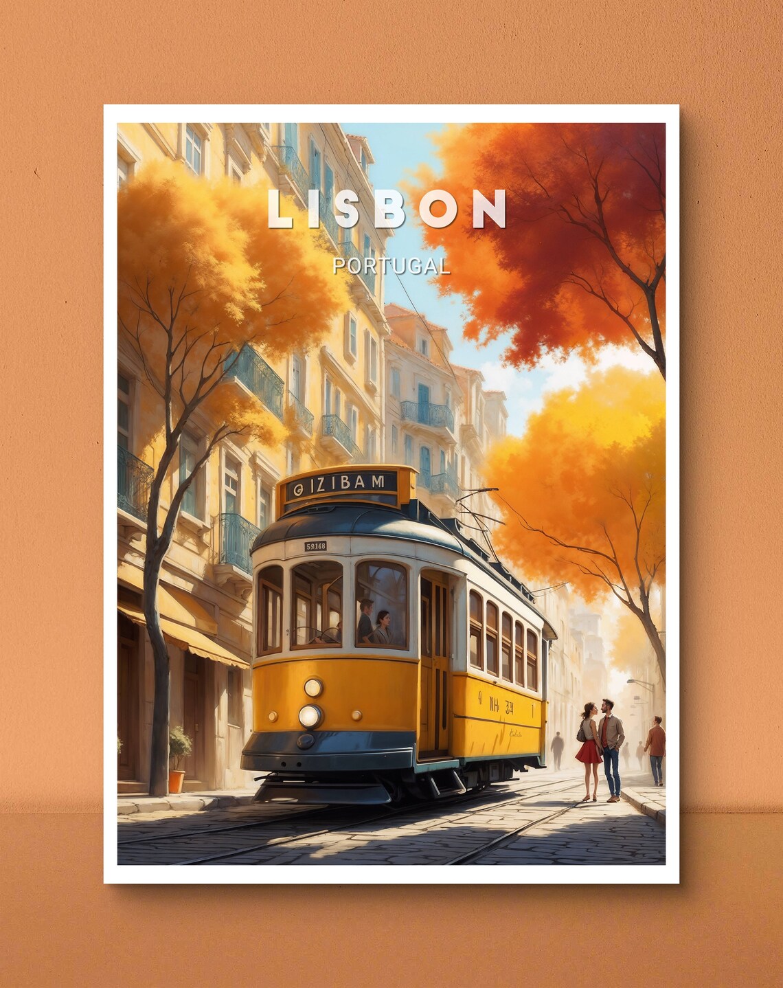 Lisbon Portugal Yellow Tram Autumn Streets Vintage Travel Poster