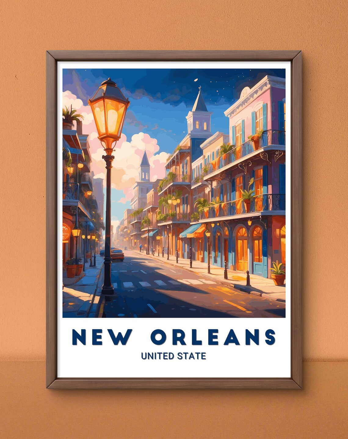 New Orleans French Quarter Dusk Street Illustration Travel Poster