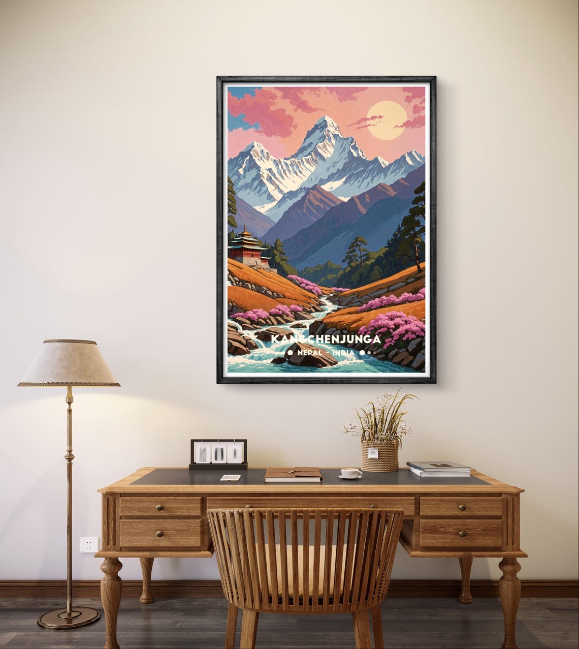 Kangchenjunga Sunset Monastery Stream Blossoms Nepal India Poster - Image 2