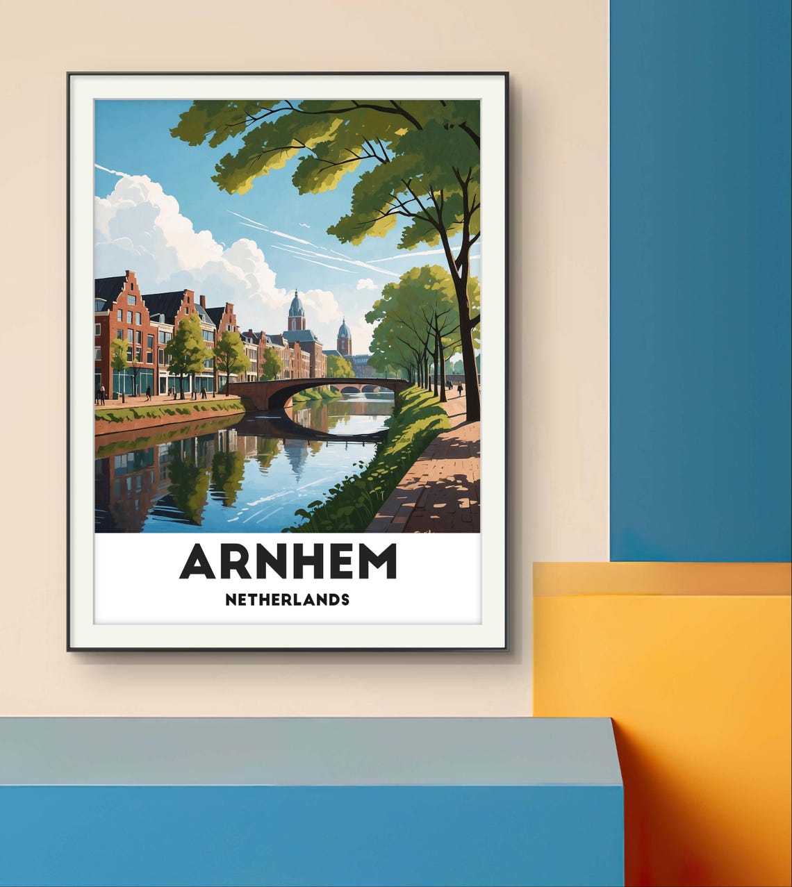 Arnhem Netherlands Canal Brick Houses Bridge Sunny Day Travel Poster - Image 2
