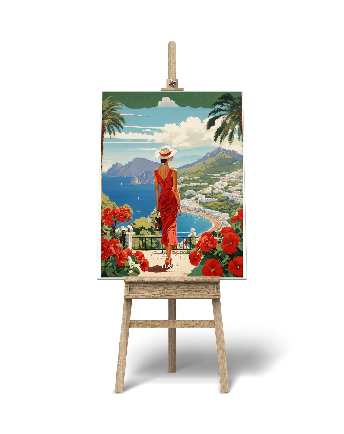 Capri Italy Vintage Woman Red Dress Bay View Retro Travel Poster - Image 3