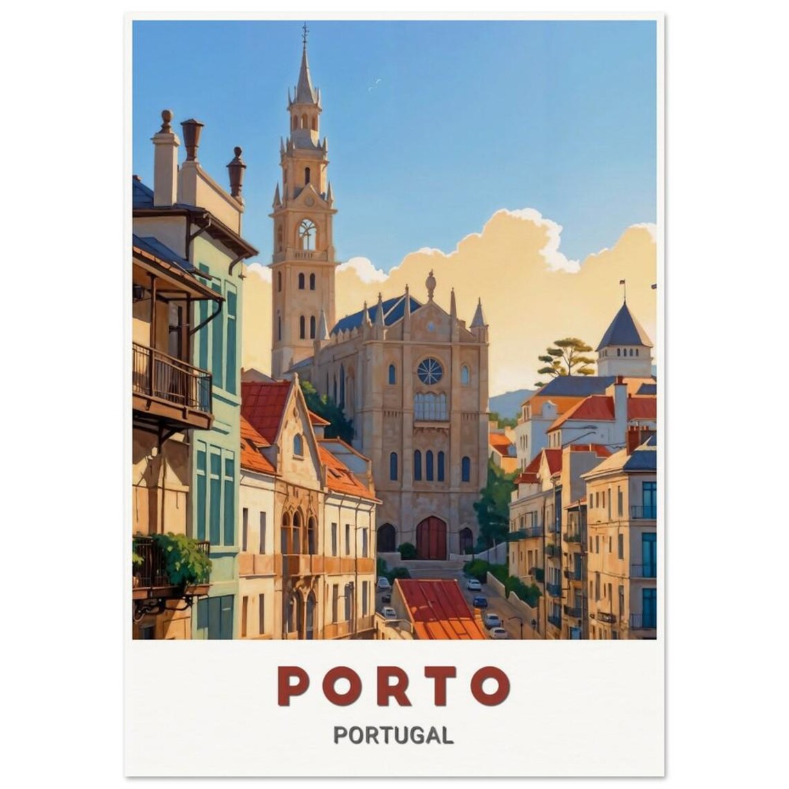 Porto Portugal Cathedral Tower Old Town Street Travel Poster