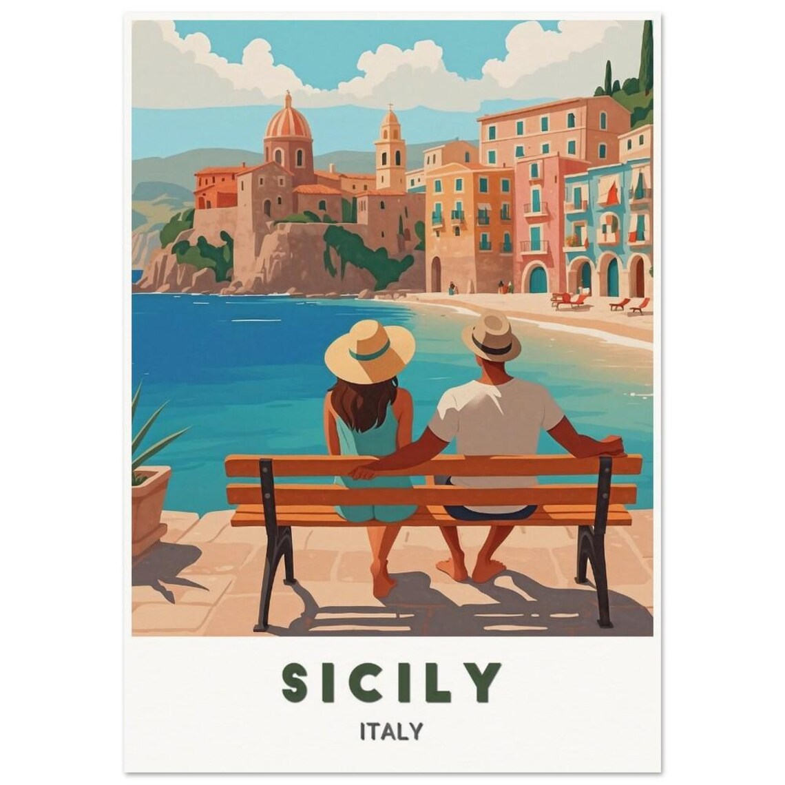 Sicily Italy Couple Bench Overlooking Coastal Town Bay Poster
