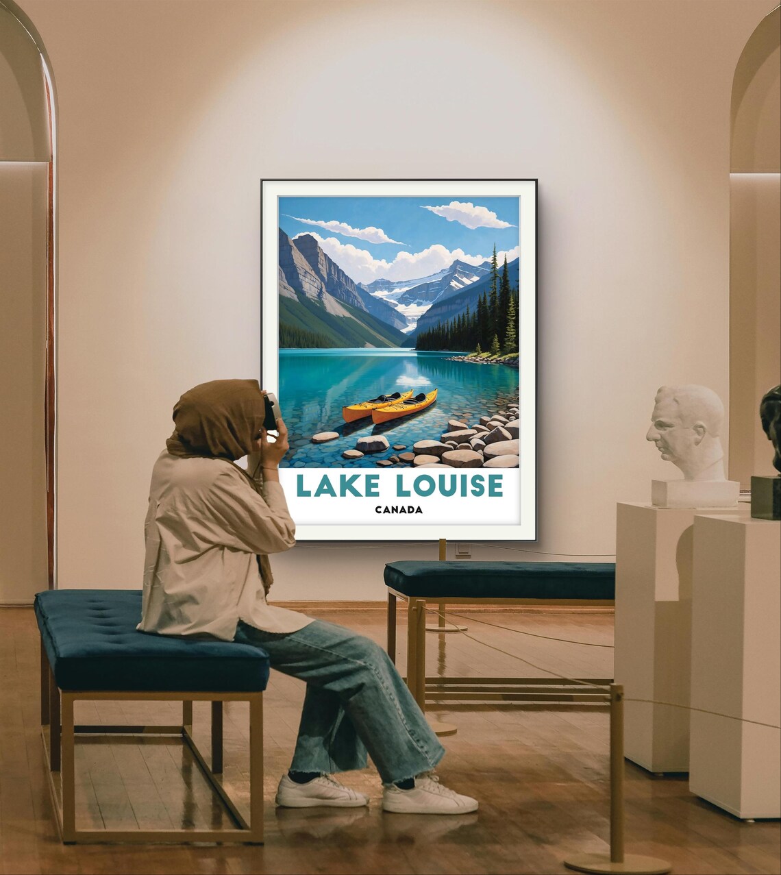 Lake Louise Canada Turquoise Lake Yellow Kayaks Rocky Mountain Poster - Image 3