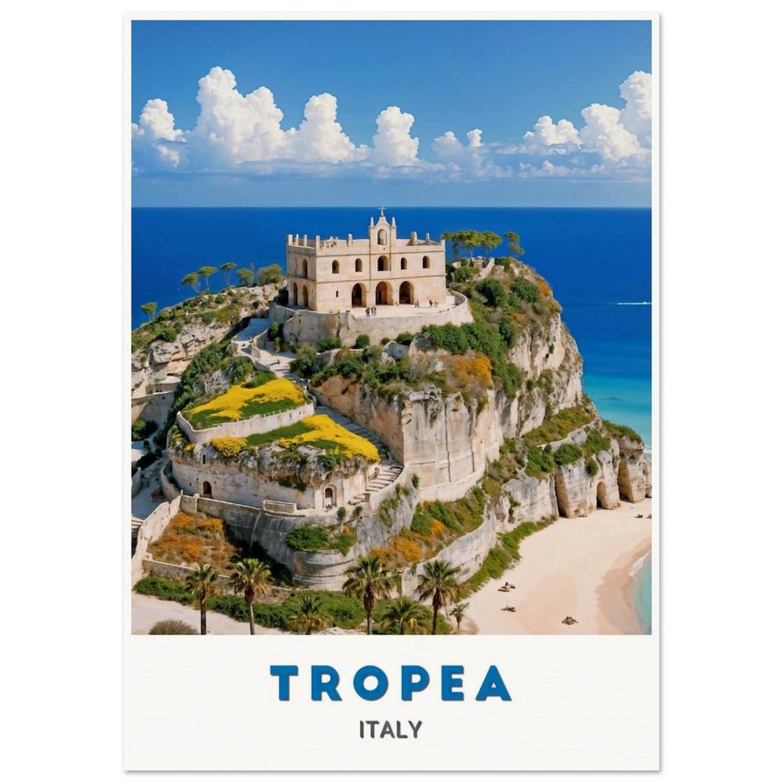 Tropea Italy Sanctuary Atop Cliffs Over Blue Beach Travel Poster