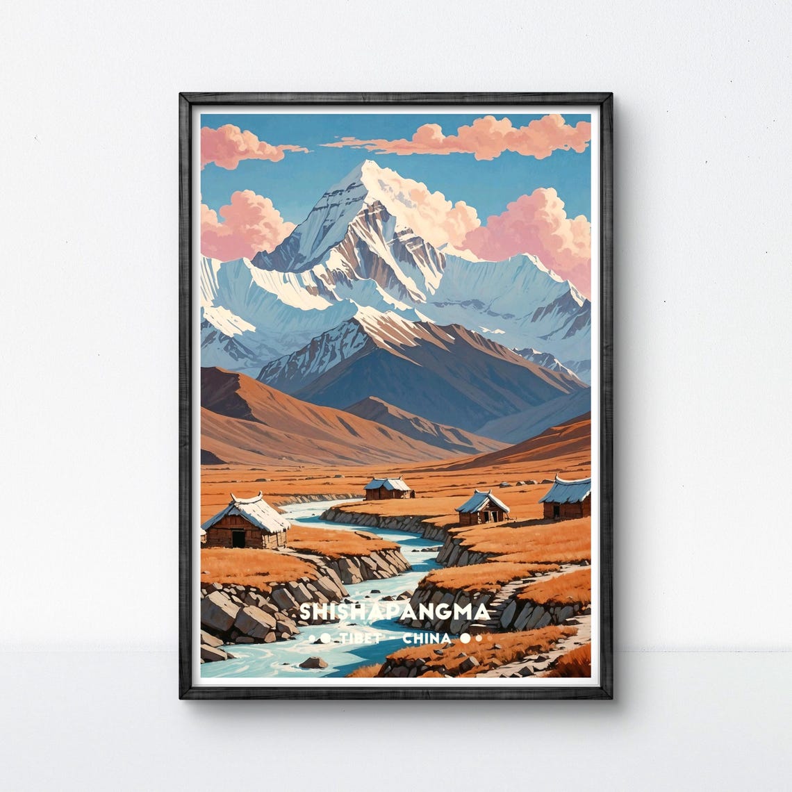 Shishapangma Tibet Golden Valley Village River Mountain View Poster
