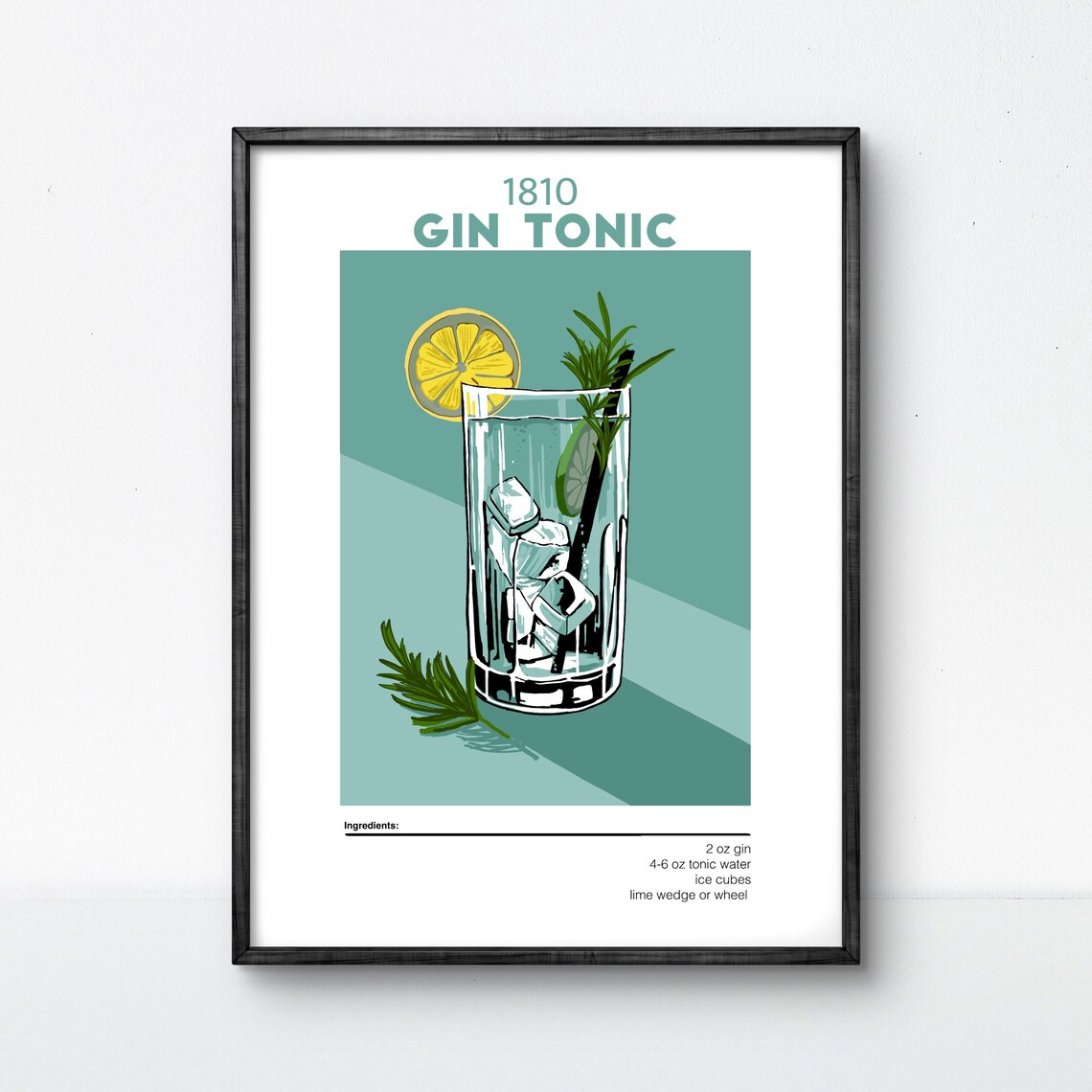 Vintage 1810 Gin Tonic Cocktail Recipe Home Bar Lounge Art Poster