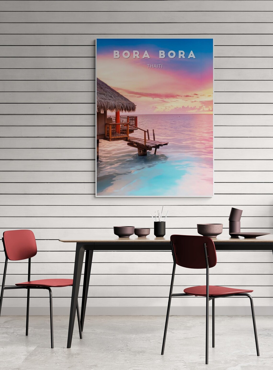 Bora Bora Tahiti Overwater Bungalow Pink Sunset Lagoon Poster - Image 2