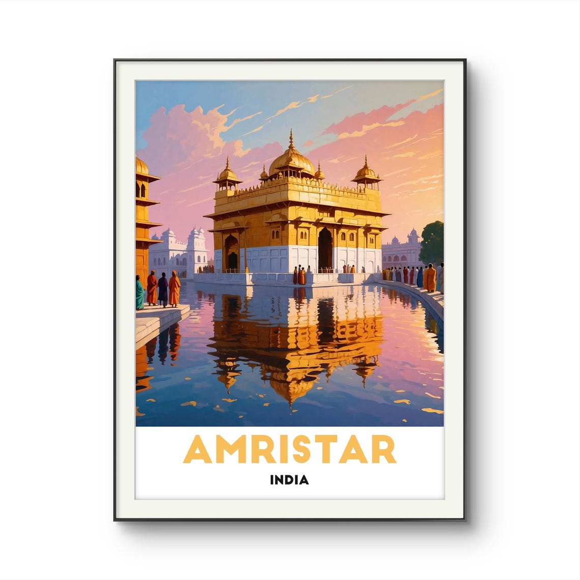 Amritsar India Golden Temple At Sunset With Reflection Travel Poster