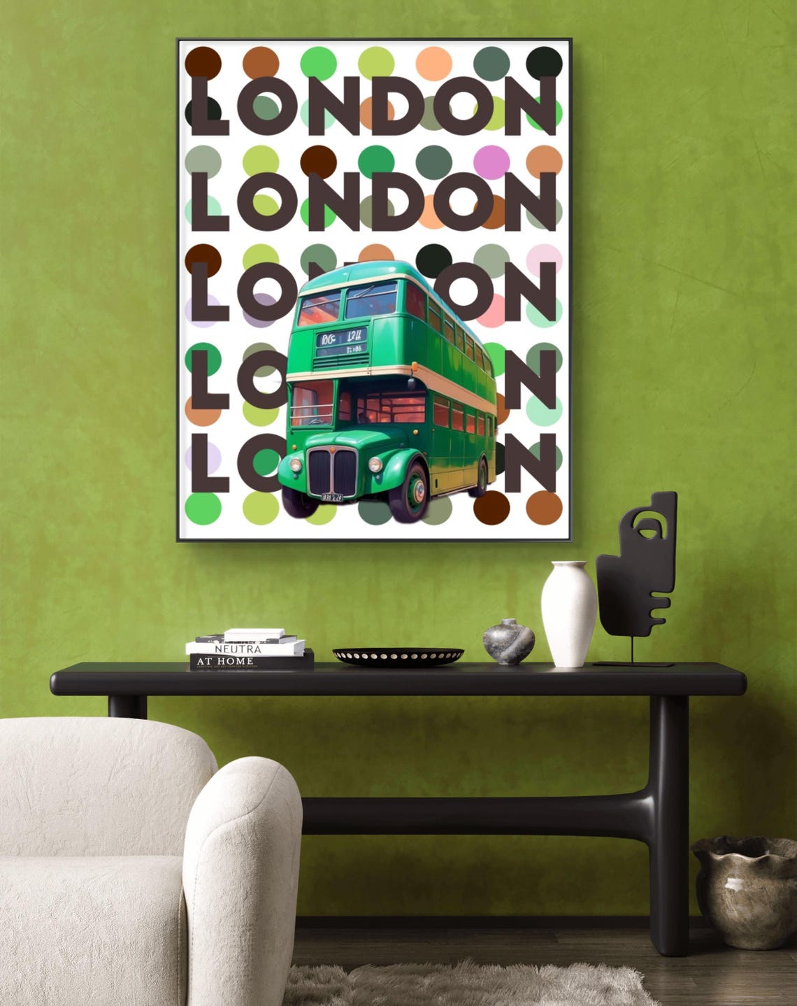 London Green Double Decker Bus Retro Typography Dots Art Poster - Image 2