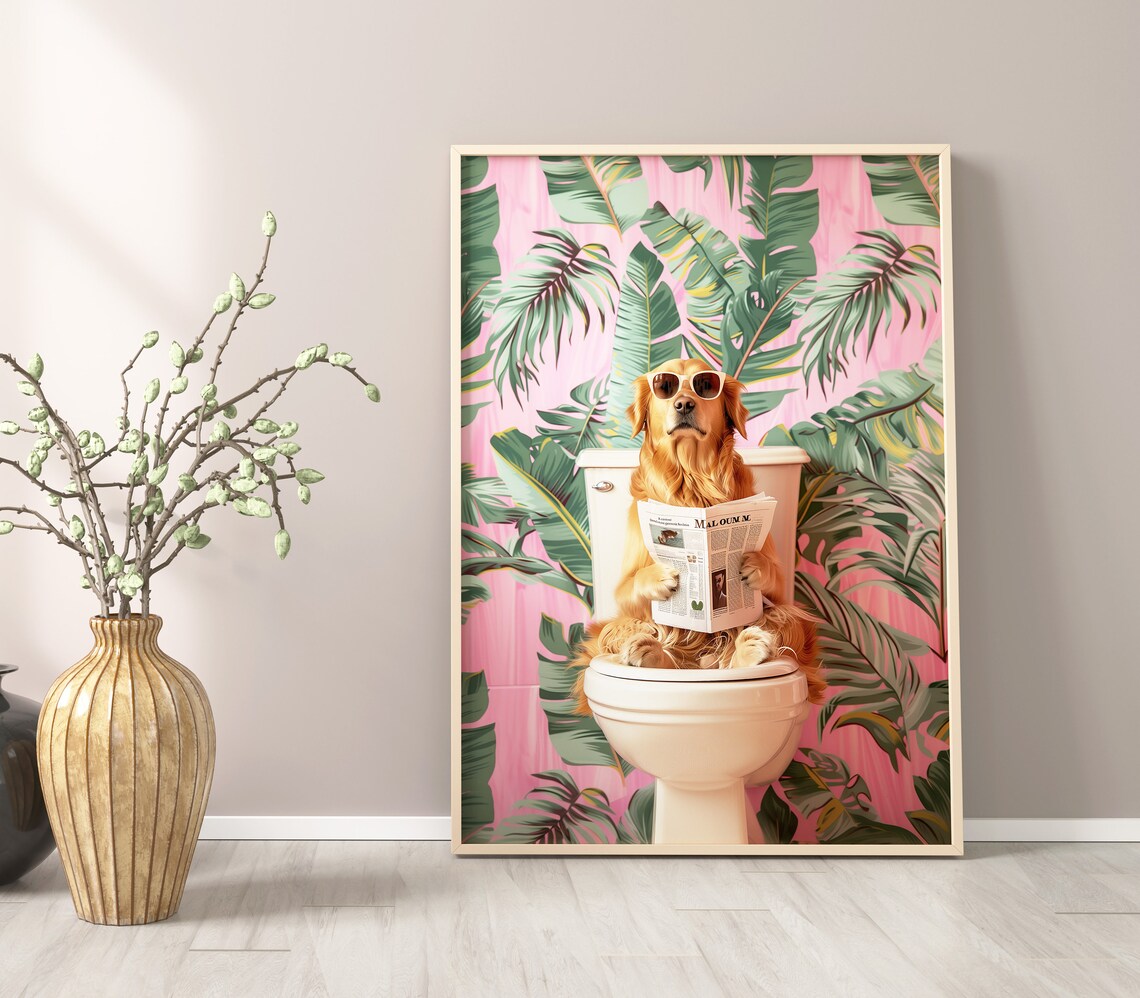 Golden Retriever Sunglasses Newspaper Toilet Funny Bathroom Poster - Image 3