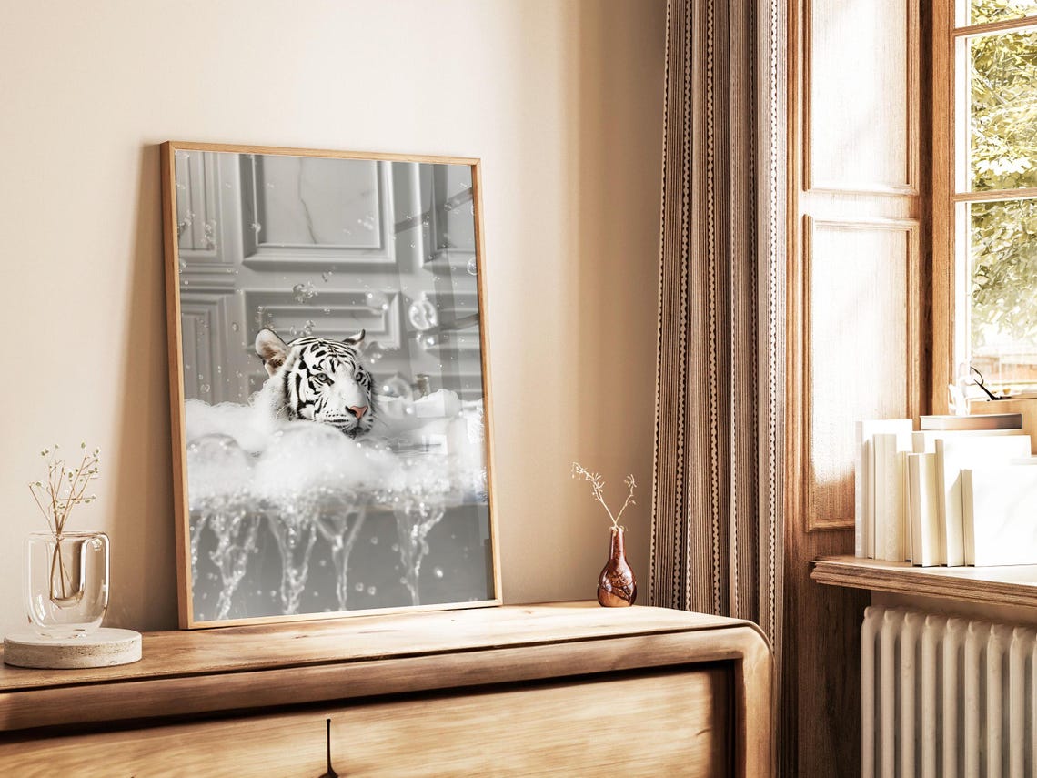 White Tiger Soaking In A Bubble Bath Funny Bathroom Animal Poster - Image 3