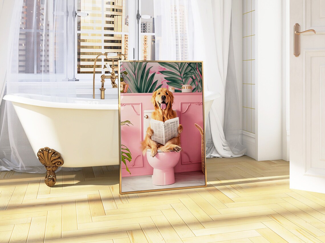 Bathroom Golden Retriever On Toilet Funny Dog Print - Image 2