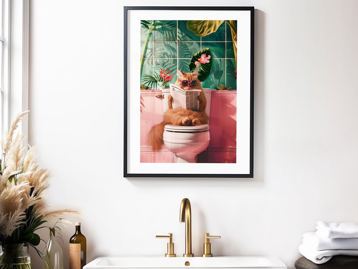 Yellow Bathroom Cat Print, Funny Bathroom Wall Art - Image 3