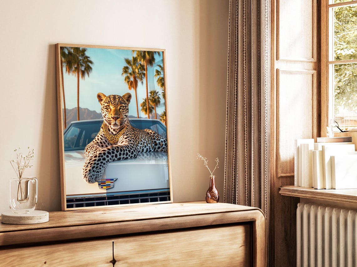 Leopard Resting On A White Cadillac Hood With Palm Trees Poster - Image 2