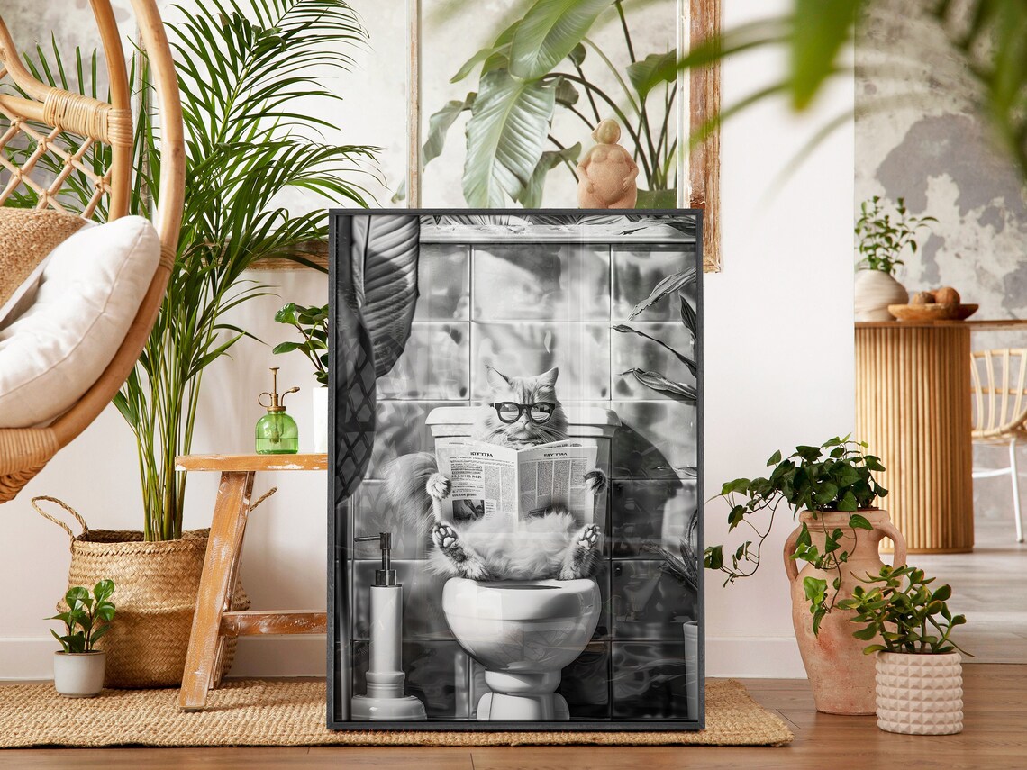 Black And White Cat Wearing Glasses Reading On Toilet Funny Bathroom Poster - Image 2