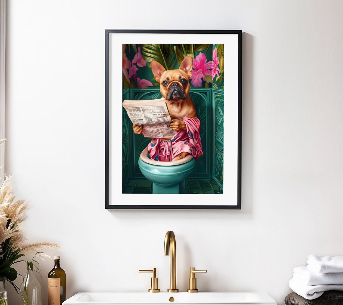 Fawn French Bulldog Reading on Toilet Art Print - Image 3
