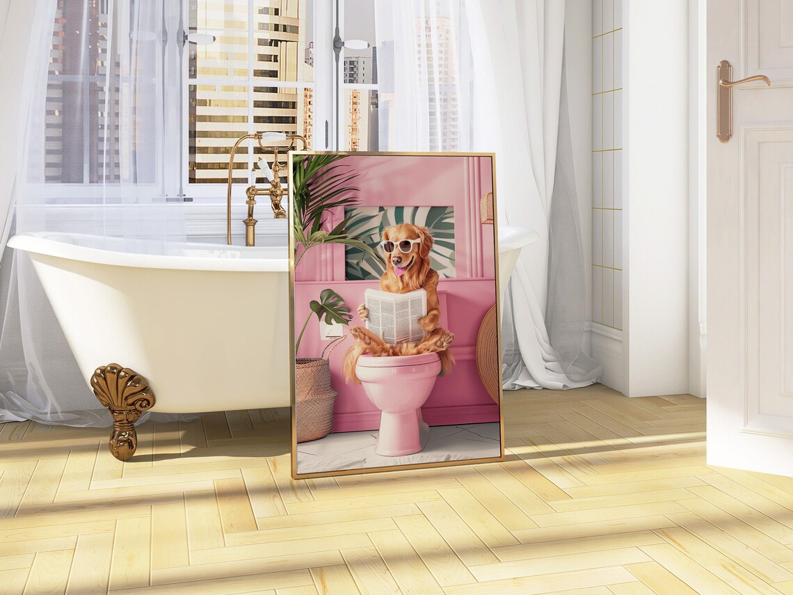 Golden Retriever Reading on Toilet Funny Dog Art Print - Image 2