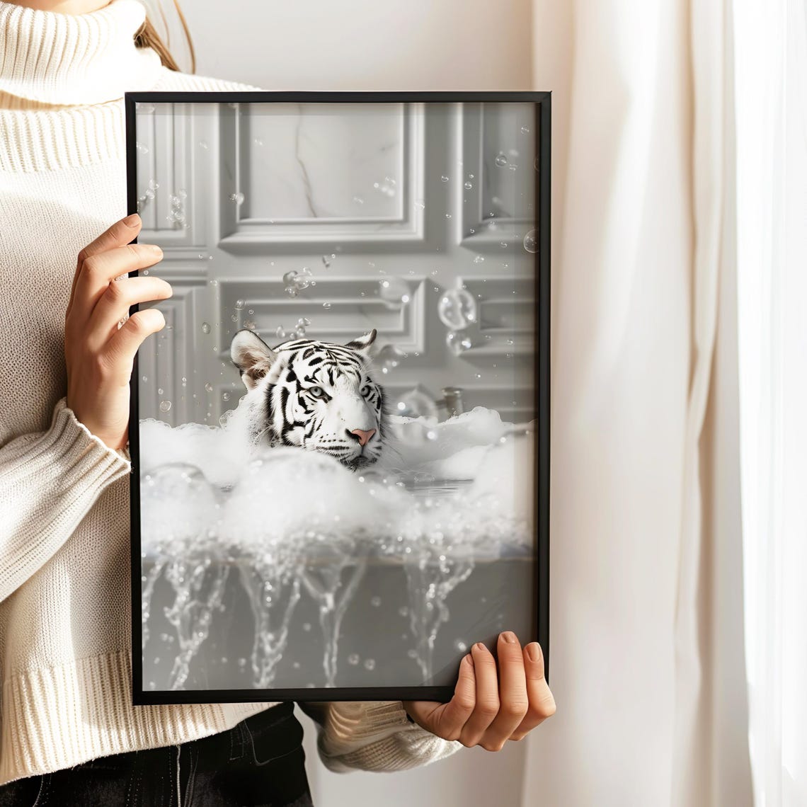 White Tiger Soaking In A Bubble Bath Funny Bathroom Animal Poster - Image 4
