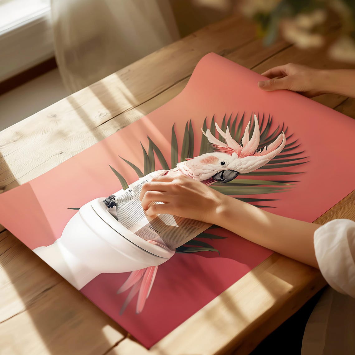 White Cockatoo Reading Newspaper On Toilet With Palm Fronds Poster - Image 2
