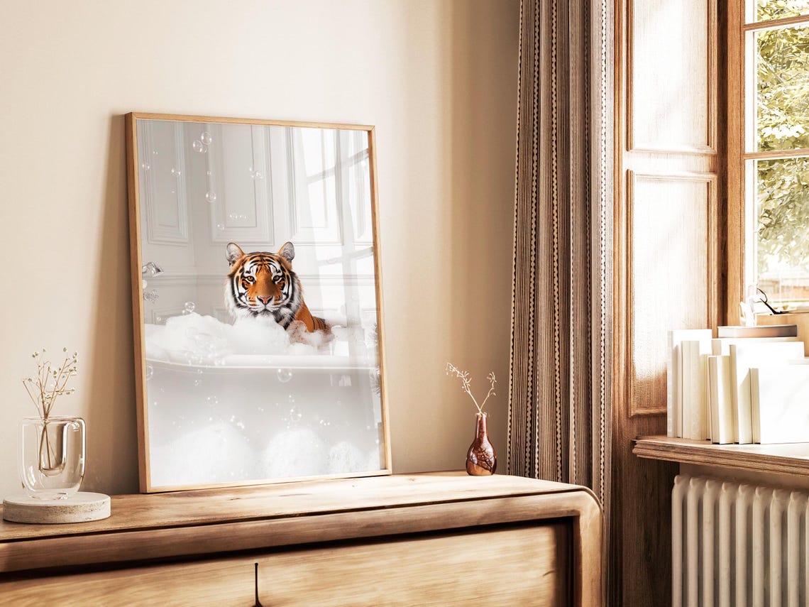 Tiger Soaking in Bubble Bath Bathtub Funny Animal Bathroom Wall Art - Image 3