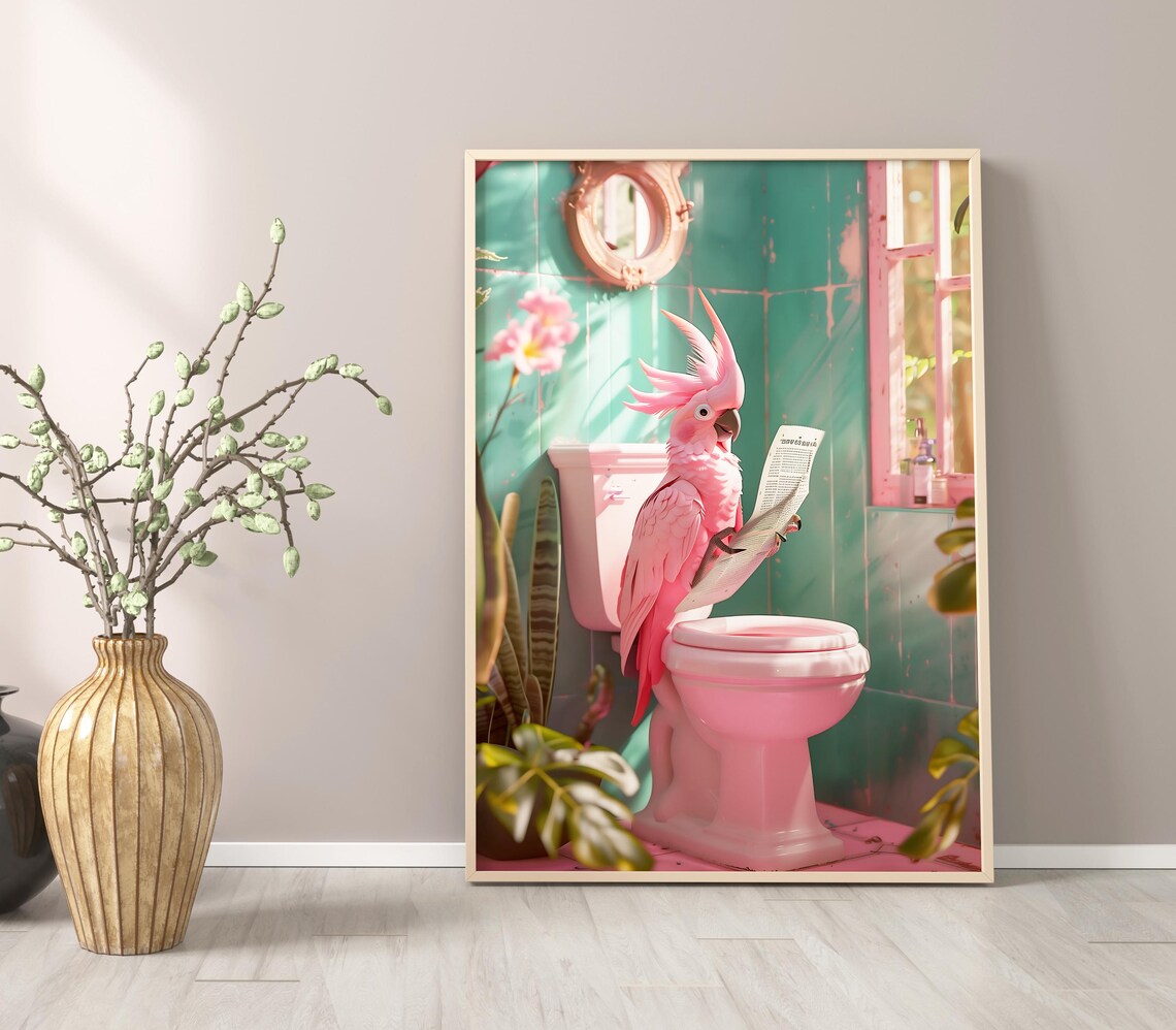 Pink Cockatoo Reading Newspaper On Toilet Bathroom Humor Poster - Image 2