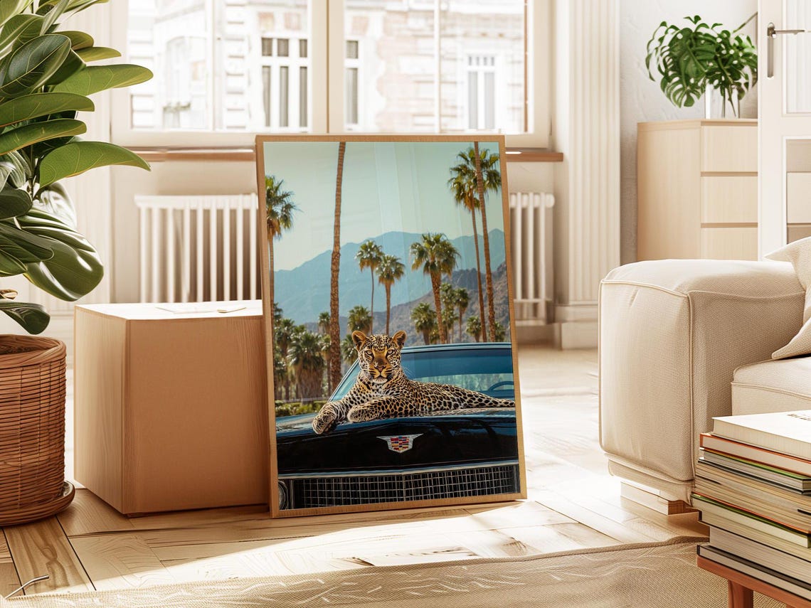 Leopard Lounging On A Black Cadillac With Tall Palm Trees Poster - Image 5