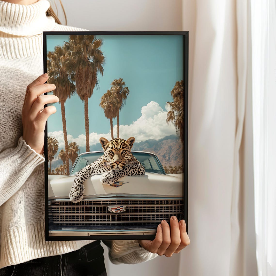 Leopard With Paws Crossed On White Cadillac Front Grille Poster - Image 3