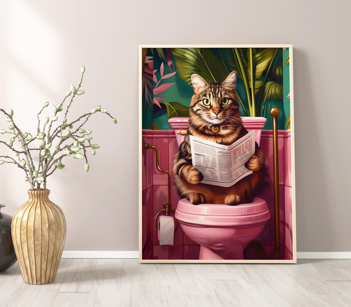 Fluffy Tabby Cat Reading Newspaper On Pink Toilet Funny Bathroom Wall Poster - Image 2