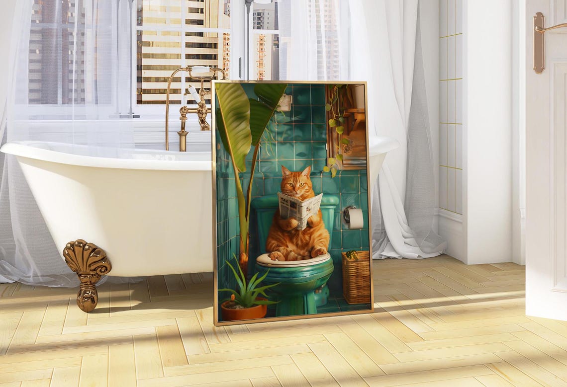 Orange Tabby Cat Reading Newspaper On A Teal Toilet Funny Poster - Image 4