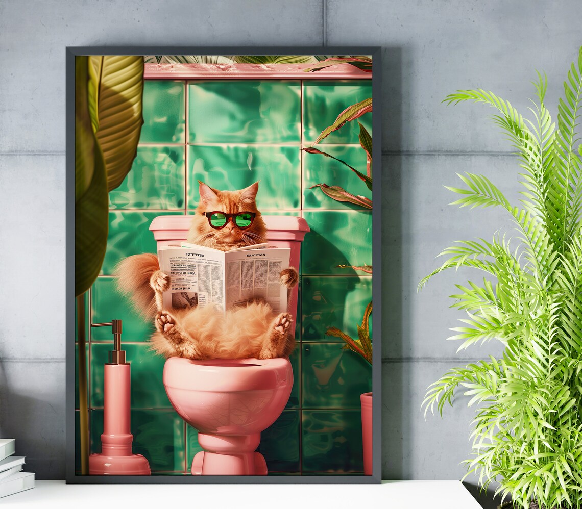 Funny Cat Reading Newspaper on Toilet Pink Bathroom Humor Poster - Image 2