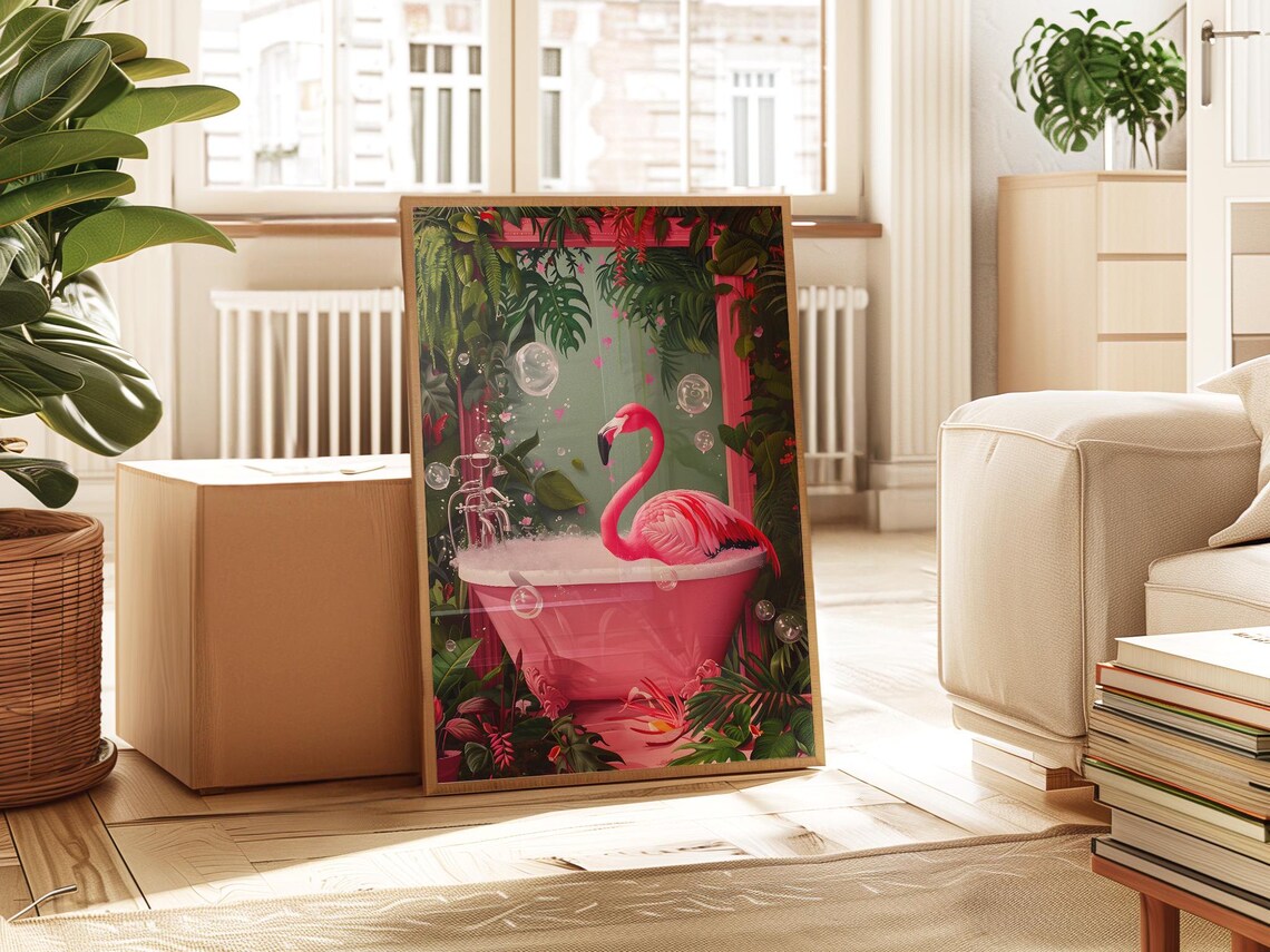 Flamingo In Bathtub Print, Funny Bathroom Art - Image 2