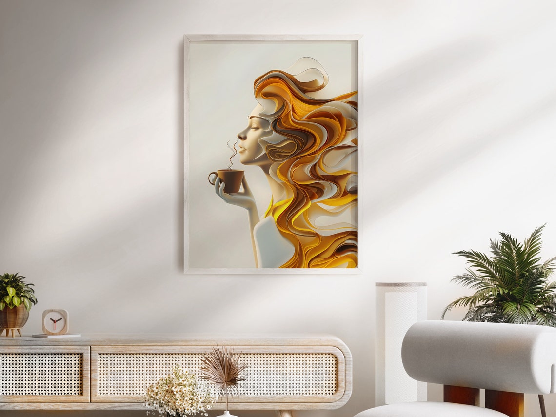 Golden Abstract Woman Profile Holding Coffee Cup 3D Art Poster - Image 3