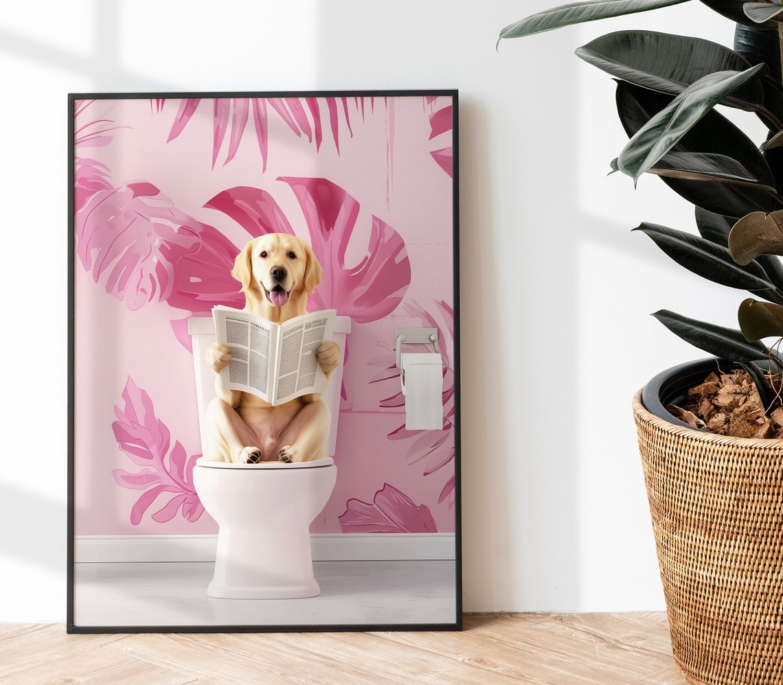 Golden Labrador Retriever On Toilet Bathroom Print Dog On Toilet Print Funny Dog Poster Toilet Wall Art Funny Bathroom Decor Labrador Art - Image 3