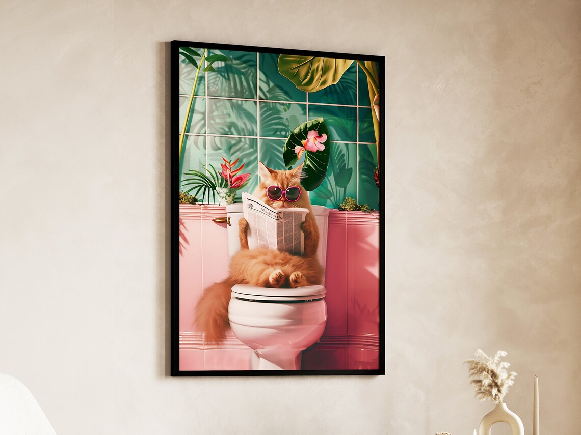 Funny Cat Toilet Print, Trendy Bathroom Wall Art - Image 3