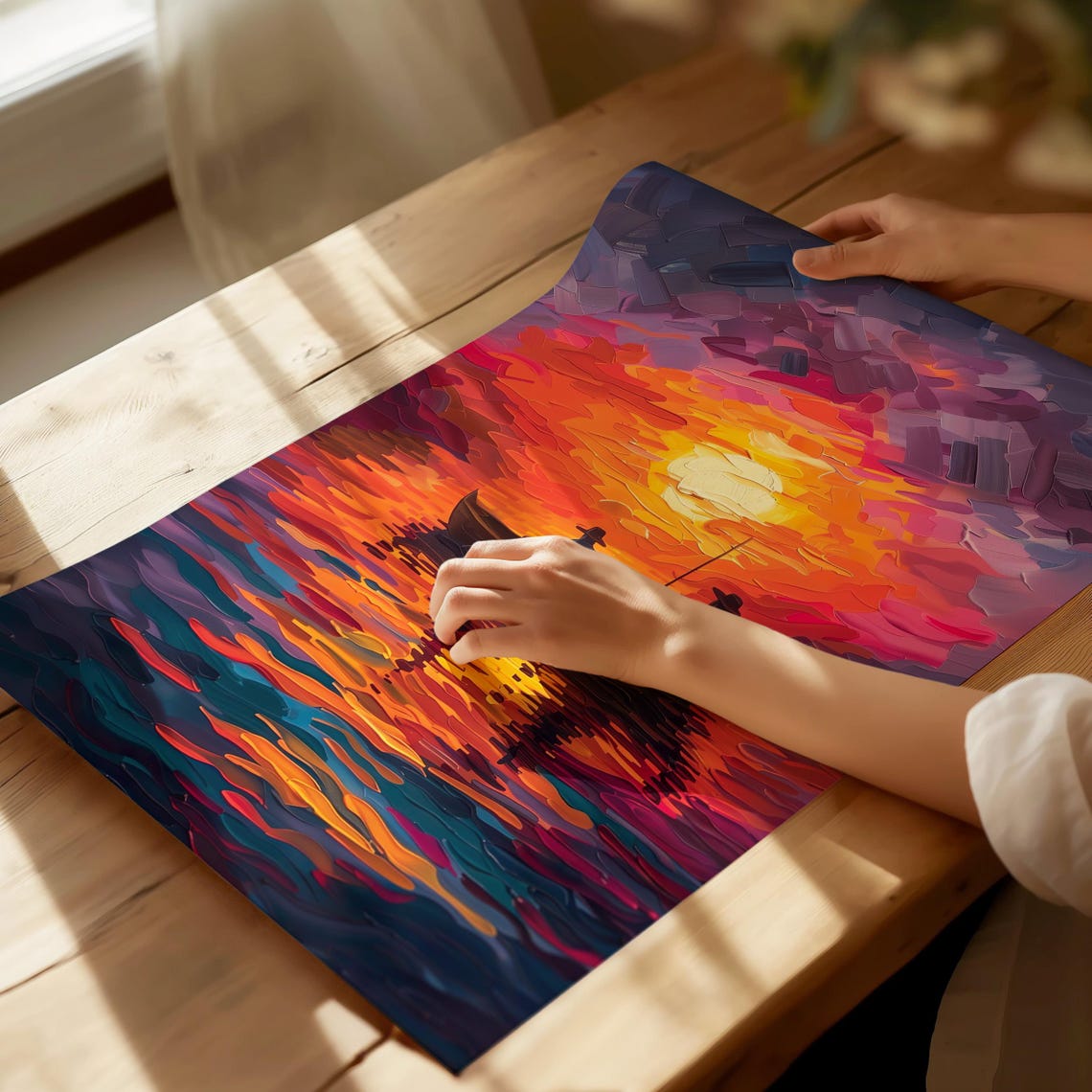 Fishermen Rowing A Canoe Through A Blazing Sunset Seascape Poster - Image 3