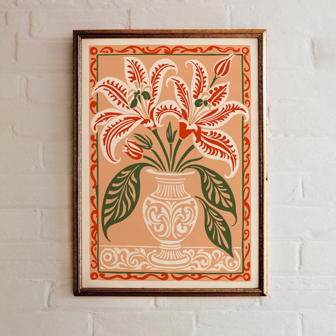 Art Nouveau Lily Vase Peach Orange Floral Botanical Vintage Poster