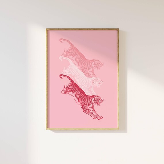 Pink Tiger Trio Preppy Gradient Jungle Cat Dance Party Wall Art