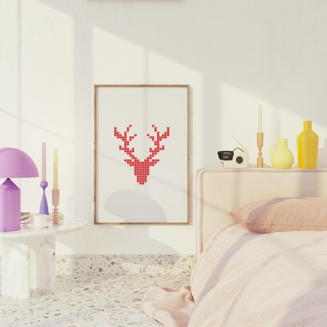 Cute Red Knit Stitch Reindeer Head Minimalist Christmas Wall Art - Image 3
