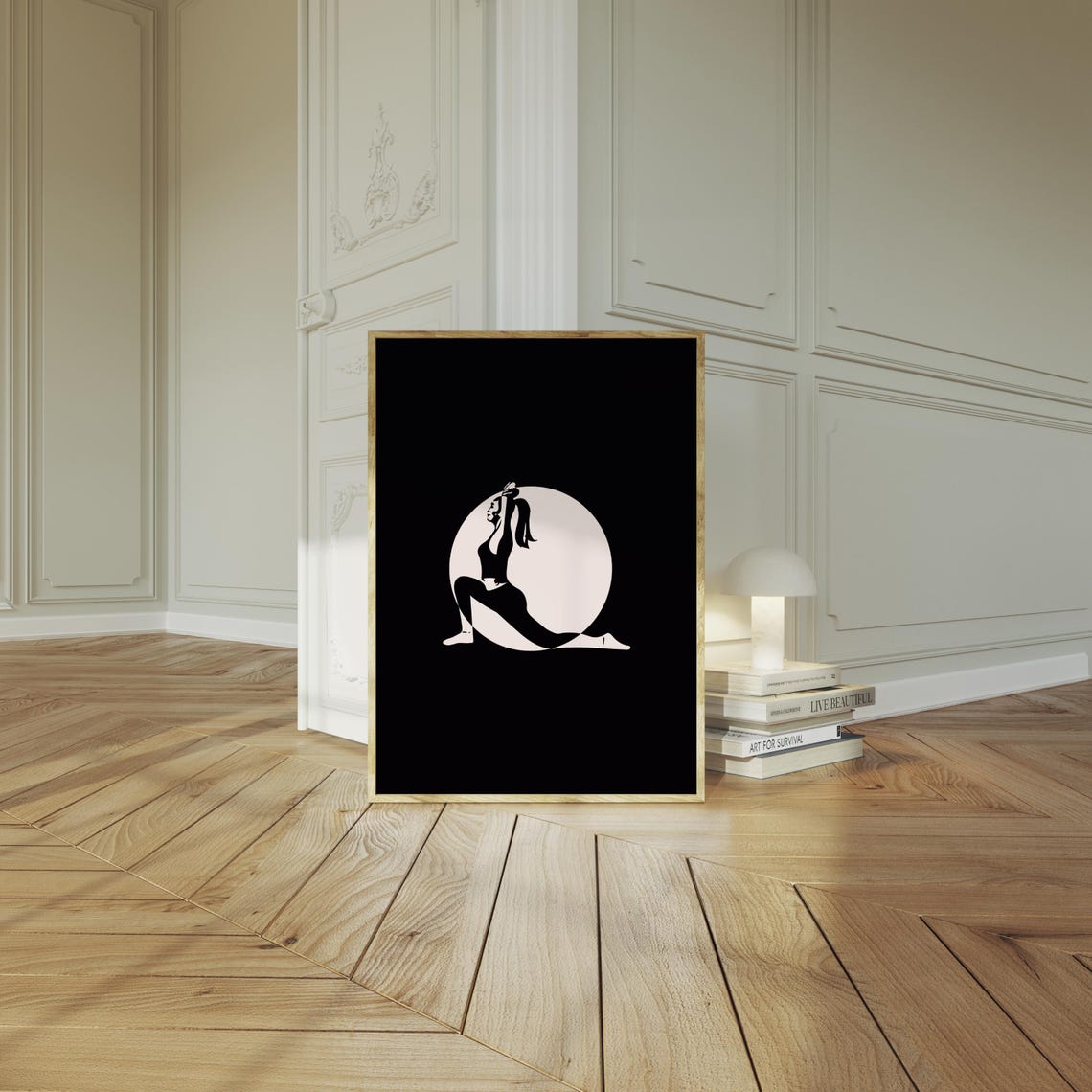 Yoga Pigeon Pose Silhouette Moon Black Modern Studio Wall Art - Image 2
