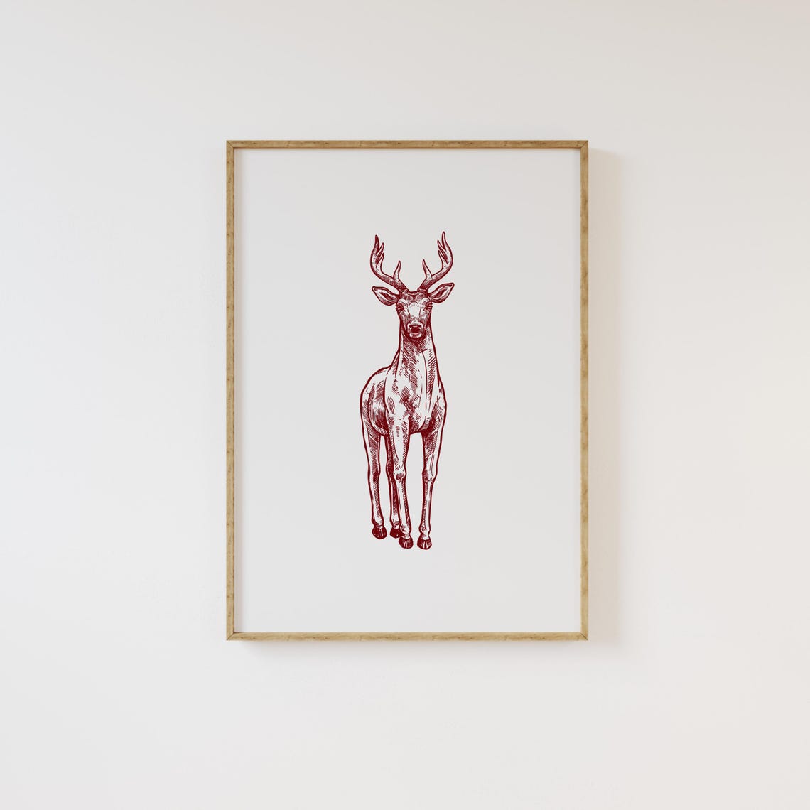 Red Line Drawing Standing Deer Stag Minimalist Rustic Wall Art