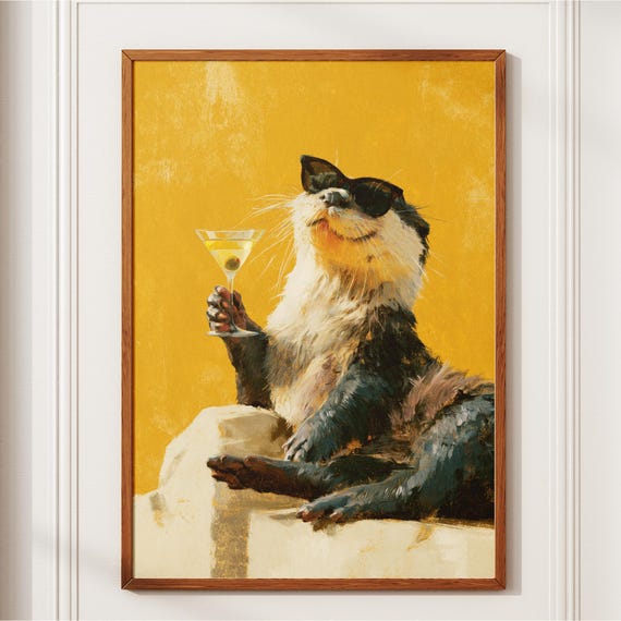Cool Otter Drinking Martini Vintage Poster Art Retro Whimsical Funny Animal Wall Decor Bar Cart Print Kitchen Cocktail Lover Gift
