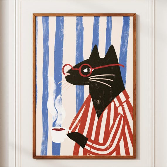Black Cat Coffee Print Parisian Wall Art Funny With Glasses Poster Whimsical Retro Kitchen Decor Lover Gift