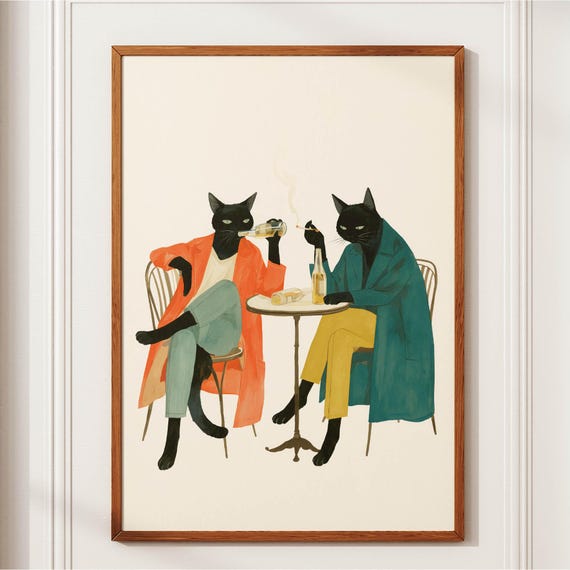 Black Cat Smoking Poster Funny Cats Drinking Beer Print Quirky Wall Art Bar Cart Decor Whimsical Kitchen Lover Gift